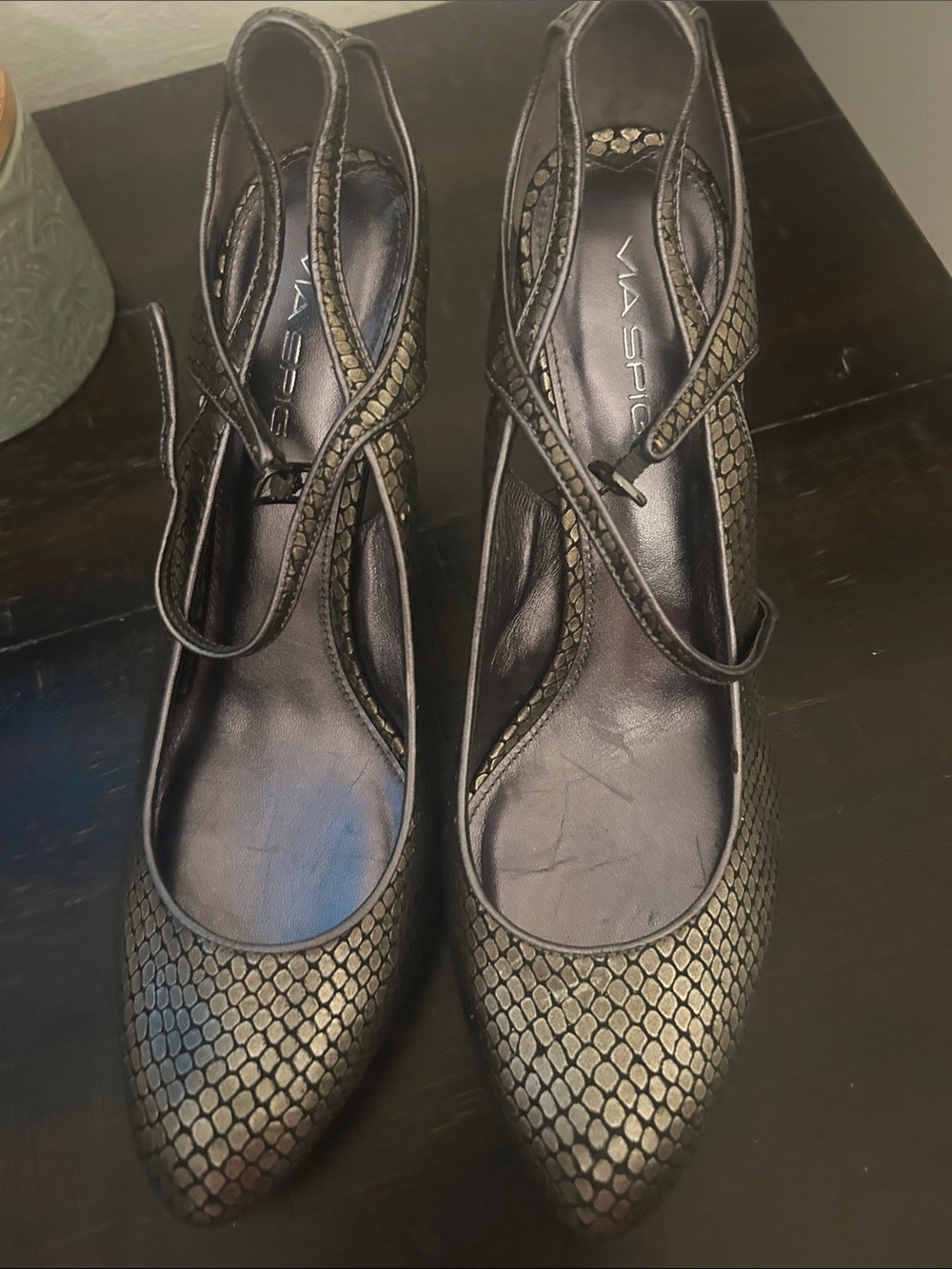 Via Spiga Metallic Snake-Print Pointed Toe Slingback Heels - Black/Gold